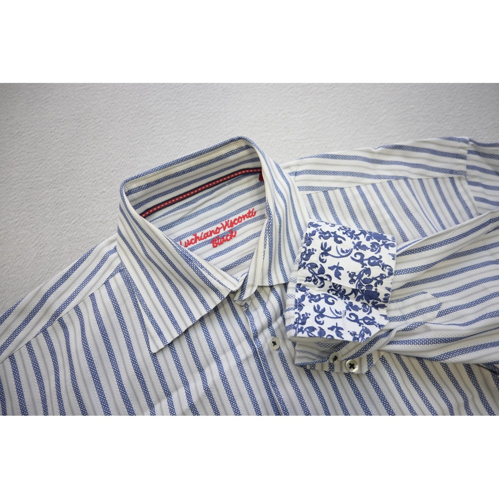 Luciano Visconti Black Button Up Dress Men Size XL Striped Floral Cuff Excellent